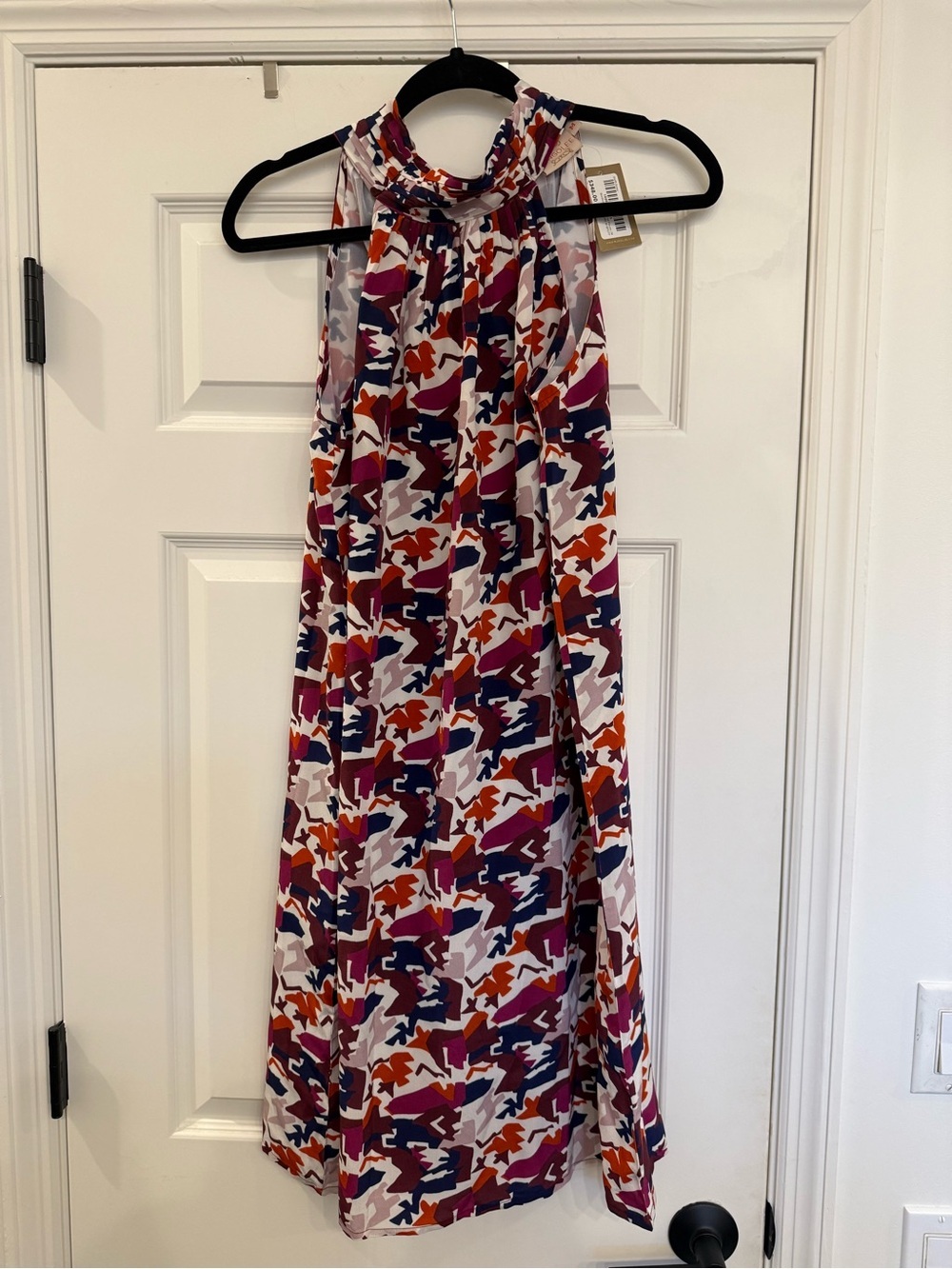 NWT Rungolee Steffi Halter Silk Abstract Dress Bordeaux Pick Up The Pieces M